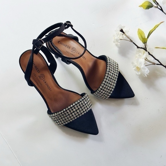 New Chinese Laundry Justine Sandal Black Rhinestones Ankle Strap - Picture 2 of 10